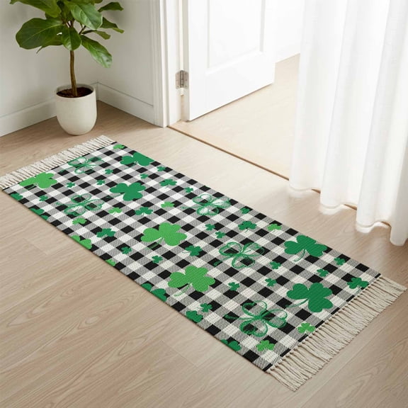 Area Rug with Tassels 2' x 5', Rustic Green Shamrock Kitchen Runner Rug for Hallway Bedroom Throw Rugs, St. Patrick's Day Buffalo Check Soft Door Mat for Bathroom Entrance Living Room