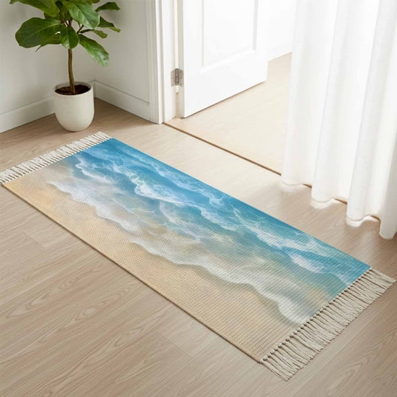 Area Rug with Tassels 2' x 5', Seaside Beach Blue Waves Kitchen Runner Rug for Hallway Bedroom Throw Rugs, Summer Ocean Nautical Theme Soft Door Mat for Bathroom Entrance Living Room