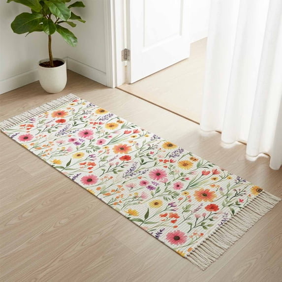 Area Rug with Tassels 2' x 5', Spring Country Flowers Kitchen Runner Rug for Hallway Bedroom Throw Rugs, Watercolor Farm Floral Art Soft Door Mat for Bathroom Entrance Living Room