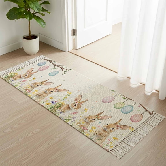Area Rug with Tassels 2' x 5', Spring Easter Farm Rabbit Egg Kitchen Runner Rug for Hallway Bedroom Throw Rugs, Rustic Flower Tree on Linen Soft Door Mat for Bathroom Entrance Living Room