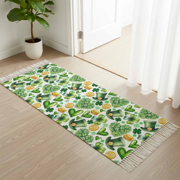 Area Rug with Tassels 2' x 5', St Patrick's Day Clovers Hat Coin Kitchen Runner Rug for Hallway Bedroom Throw Rugs, Green Heart Shamrocks Leaf Soft Door Mat for Bathroom Entrance Living Room
