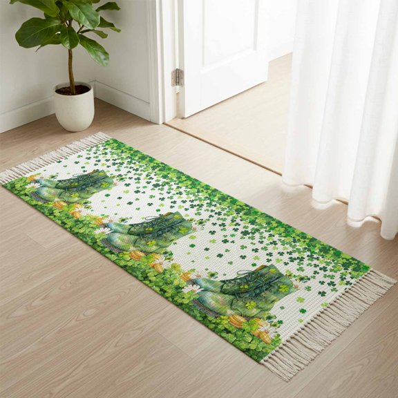 Area Rug with Tassels 2' x 5', St. Patrick's Day Shamrock Daisy Flower Kitchen Runner Rug for Hallway Bedroom Throw Rugs, Rustic Green Boots Soft Door Mat for Bathroom Entrance Living Room