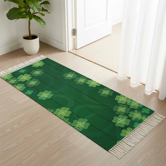 Area Rug with Tassels 2' x 5', St.Patrick's Day Shamrock Kitchen Runner Rug for Hallway Bedroom Throw Rugs, Farmhouse Green Wood Grain Soft Door Mat for Bathroom Entrance Living Room
