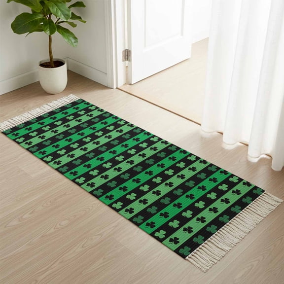 Area Rug with Tassels 2' x 5', St. Patrick's Day Shamrock Kitchen Runner Rug for Hallway Bedroom Throw Rugs, Green Black Stripe Theme Soft Door Mat for Bathroom Entrance Living Room