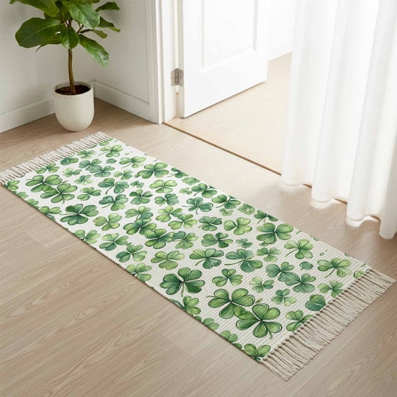 Area Rug with Tassels 2' x 5', St. Patrick's Day Shamrock Kitchen Runner Rug for Hallway Bedroom Throw Rugs, Spring Ombre Green Leaves Soft Door Mat for Bathroom Entrance Living Room