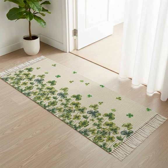 Area Rug with Tassels 2' x 5', St. Patrick's Day Shamrock Retro Linen Kitchen Runner Rug for Hallway Bedroom Throw Rugs, Country Plant Soft Door Mat for Bathroom Entrance Living Room