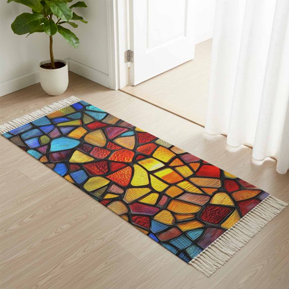 Area Rug with Tassels 2' x 5', Stained Glass Colorful Gradient Kitchen Runner Rug for Hallway Bedroom Throw Rugs, Abstract Geometric Soft Door Mat for Bathroom Entrance Living Room