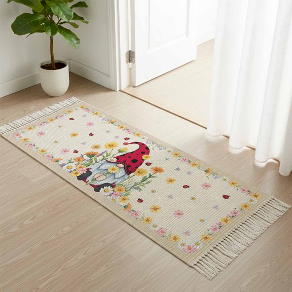 Area Rug with Tassels 2' x 5', Summer Daisy Flower Ladybug Gnome Kitchen Runner Rug for Hallway Bedroom Throw Rugs, Green Leaves Watercolor Floral Soft Door Mat for Bathroom Entrance Living Room