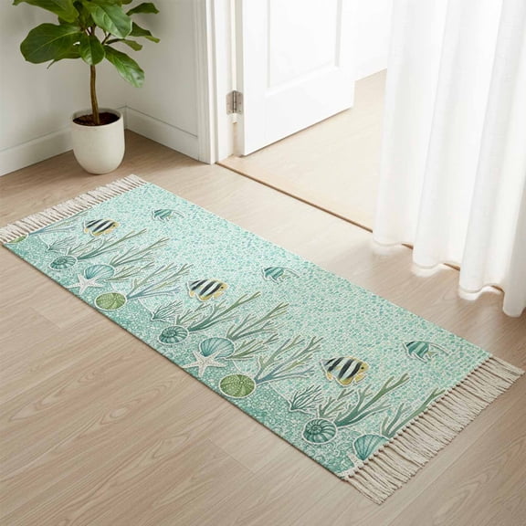 Area Rug with Tassels 2' x 5', Summer Ocean Coral Conch Fish Kitchen Runner Rug for Hallway Bedroom Throw Rugs, Gradient Green Geometric Soft Door Mat for Bathroom Entrance Living Room