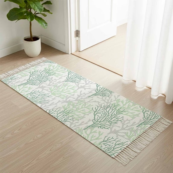 Area Rug with Tassels 2' x 5', Summer Ocean Coral Green Gradient Kitchen Runner Rug for Hallway Bedroom Throw Rugs, Coastal Nautical Seaside Soft Door Mat for Bathroom Entrance Living Room