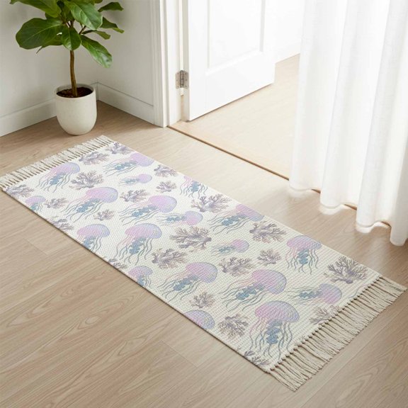Area Rug with Tassels 2' x 5', Summer Ocean Pink Jellyfish Kitchen Runner Rug for Hallway Bedroom Throw Rugs, Nautical Coral Gradient Soft Door Mat for Bathroom Entrance Living Room