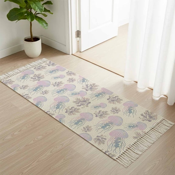 Area Rug with Tassels 2' x 5', Summer Ocean Pink Jellyfish Kitchen Runner Rug for Hallway Bedroom Throw Rugs, Nautical Coral Retro Linen Soft Door Mat for Bathroom Entrance Living Room