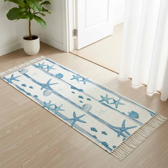Area Rug with Tassels 2' x 5', Summer Ocean Starfish Shell Fish Kitchen Runner Rug for Hallway Bedroom Throw Rugs, Watercolor Blue Stripes Soft Door Mat for Bathroom Entrance Living Room