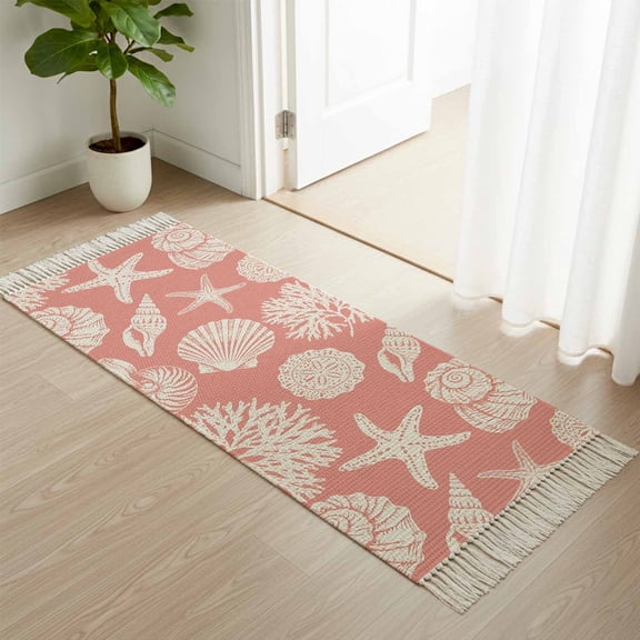 Area Rug with Tassels 2' x 5', Summer Seashell Coral Starfish on Pink Kitchen Runner Rug for Hallway Bedroom Throw Rugs, Retro Marine Life Soft Door Mat for Bathroom Entrance Living Room