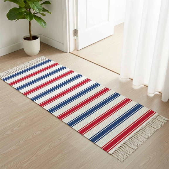 Area Rug with Tassels 2' x 5', USA Independence Red Blue White Stripe Kitchen Runner Rug for Hallway Bedroom Throw Rugs, President's Flag Day Soft Door Mat for Bathroom Entrance Living Room