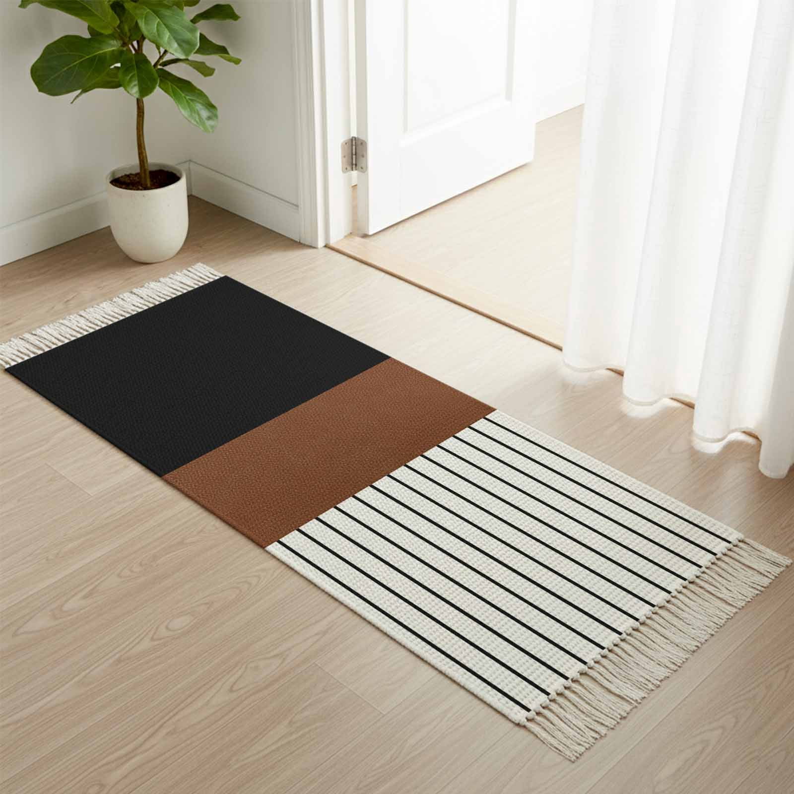Color Blocks Kitchen Rug Area Rug with Tassels 2' x 5', Vintage Black Brown Color Block Kitchen ...