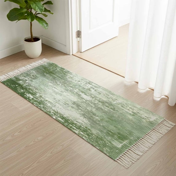 Area Rug with Tassels 2' x 5', Vintage Green Texture Kitchen Runner Rug for Hallway Bedroom Throw Rugs, Farm Retro Shabby Wall Art Soft Door Mat for Bathroom Entrance Living Room