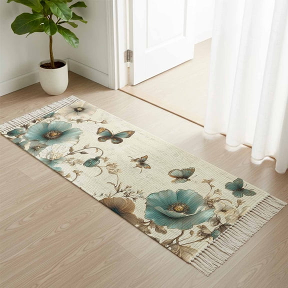 Area Rug with Tassels 2' x 5', Vintage Victorian Flower Kitchen Runner Rug for Hallway Bedroom Throw Rugs, Retro Floral Butterfly on Letter Soft Door Mat for Bathroom Entrance Living Room