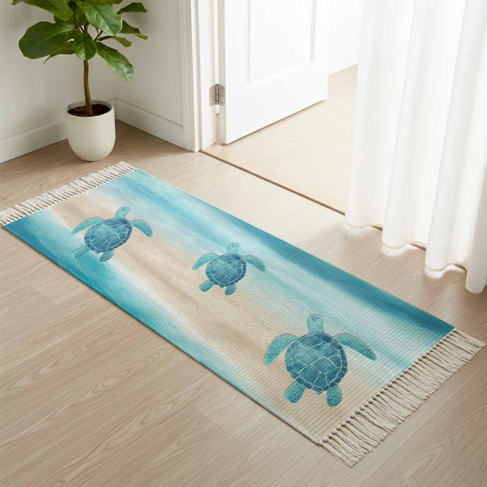 Loop Rag Rug Sea Area Rug with Tassels 2' x 5', Watercolor Blue Sea Turtles Kitchen ...