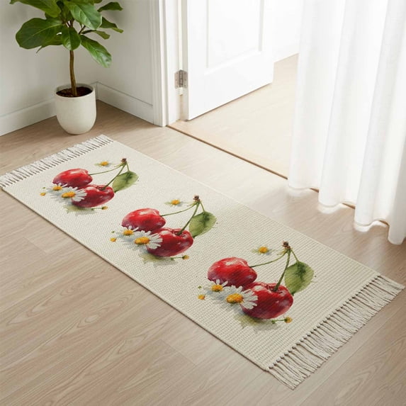 Area Rug with Tassels 2' x 5', Watercolor Cherry Kitchen Runner Rug for Hallway Bedroom Throw Rugs, White Daisy on Retro Linen Soft Door Mat for Bathroom Entrance Living Room