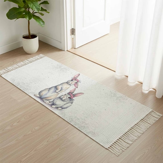 Area Rug with Tassels 2' x 5', Watercolor Easter Bunnies Kitchen Runner Rug for Hallway Bedroom Throw Rugs, Retro Rabbits Flowers Soft Door Mat for Bathroom Entrance Living Room
