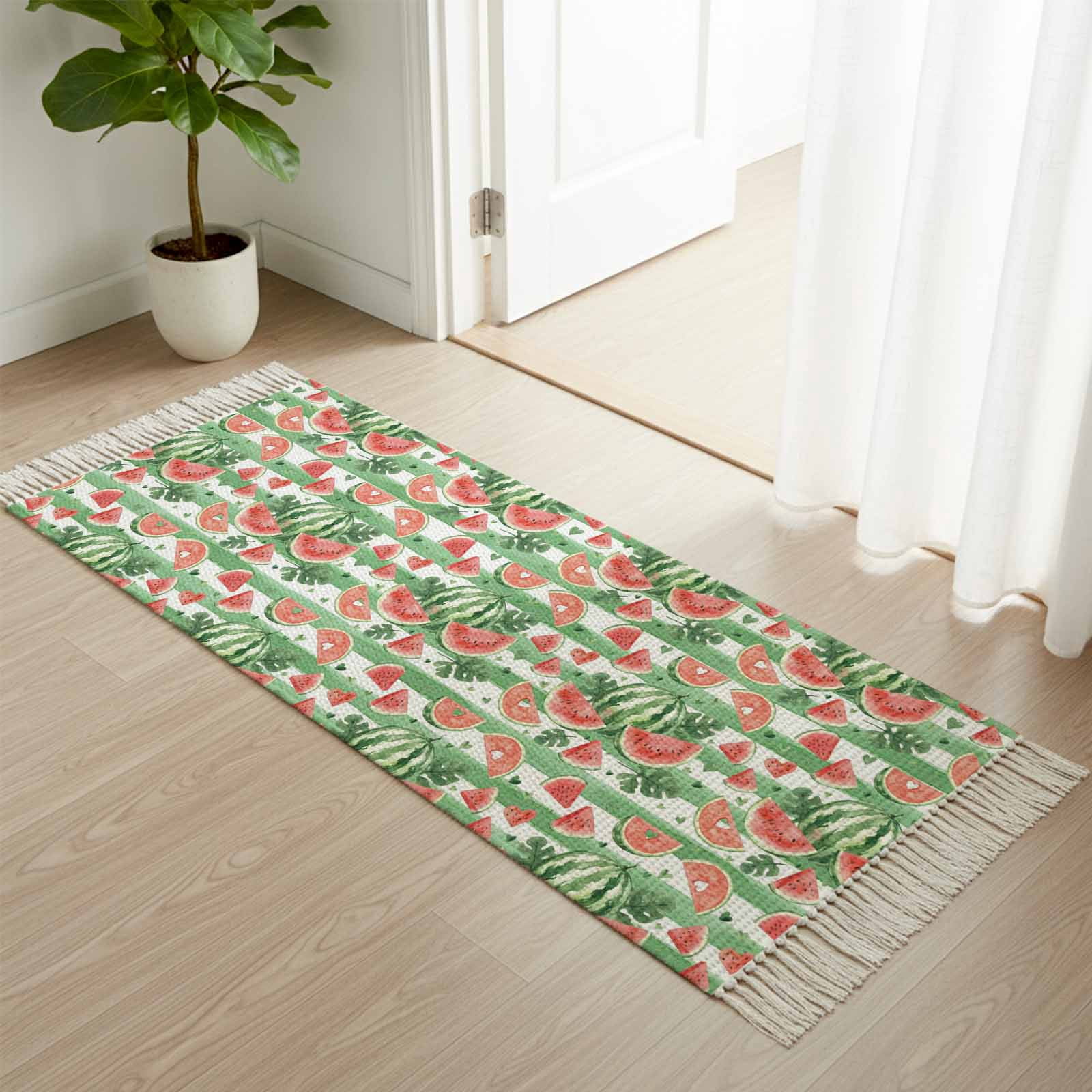Area Rug with Tassels 2' x 5', Watercolor Summer Watermelon Leaves ...