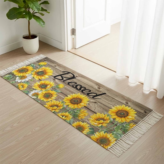 Area Rug with Tassels 2' x 5', Watercolor Sunflower Blessed Quote Kitchen Runner Rug for Hallway Bedroom Throw Rugs, Farm Brown Wood Board Soft Door Mat for Bathroom Entrance Living Room