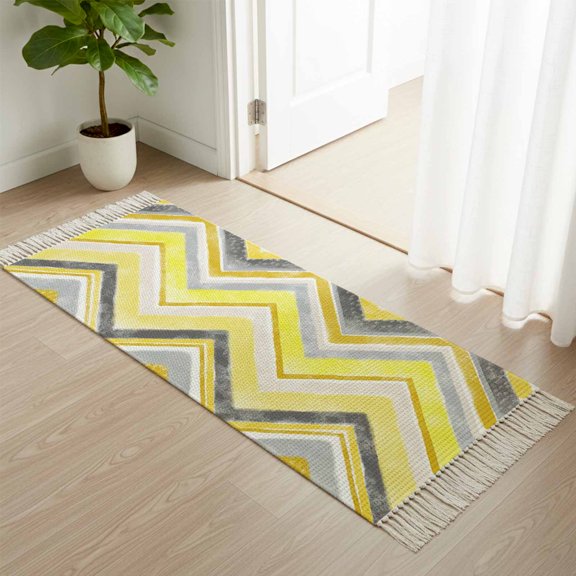 Area Rug with Tassels 2' x 5', Yellow Gray Gradient Zigzag Stripe Kitchen Runner Rug for Hallway Bedroom Throw Rugs, Nordic Style Abstract Art Soft Door Mat for Bathroom Entrance Living Room