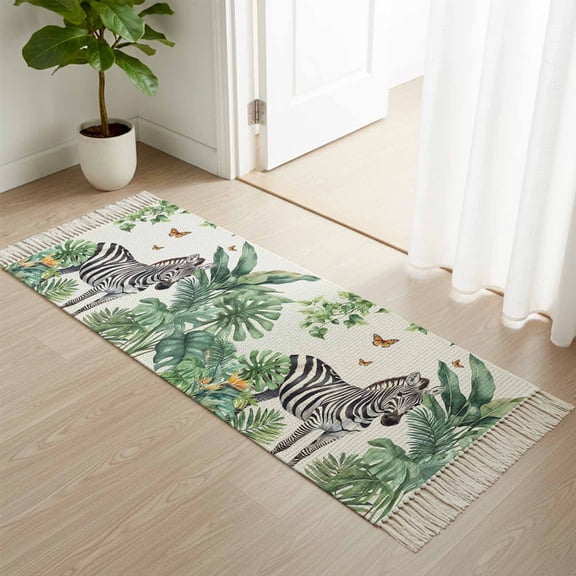 Area Rug with Tassels 2' x 5', Zebra Tropical Leaves Jungle Kitchen Runner Rug for Hallway Bedroom Throw Rugs, Black Stripes Animal Portrait Soft Door Mat for Bathroom Entrance Living Room