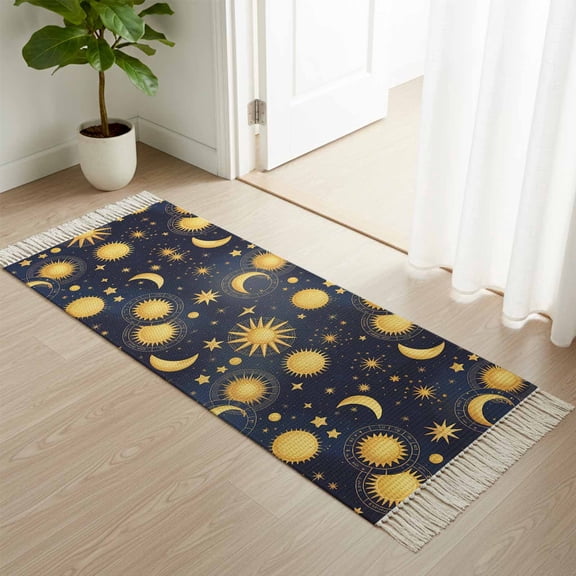 Area Rug with Tassels 2' x 6', Fantasy Galaxy Moon Sun Kitchen Runner Rug for Hallway Bedroom Throw Rugs, Cartoon Starry Night Soft Door Mat for Bathroom Entrance Living Room