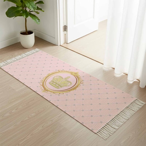 Area Rug with Tassels 2' x 6', Golden Crown Queen Pink Lattice Kitchen Runner Rug for Hallway Bedroom Throw Rugs, White Dot Soft Door Mat for Bathroom Entrance Living Room