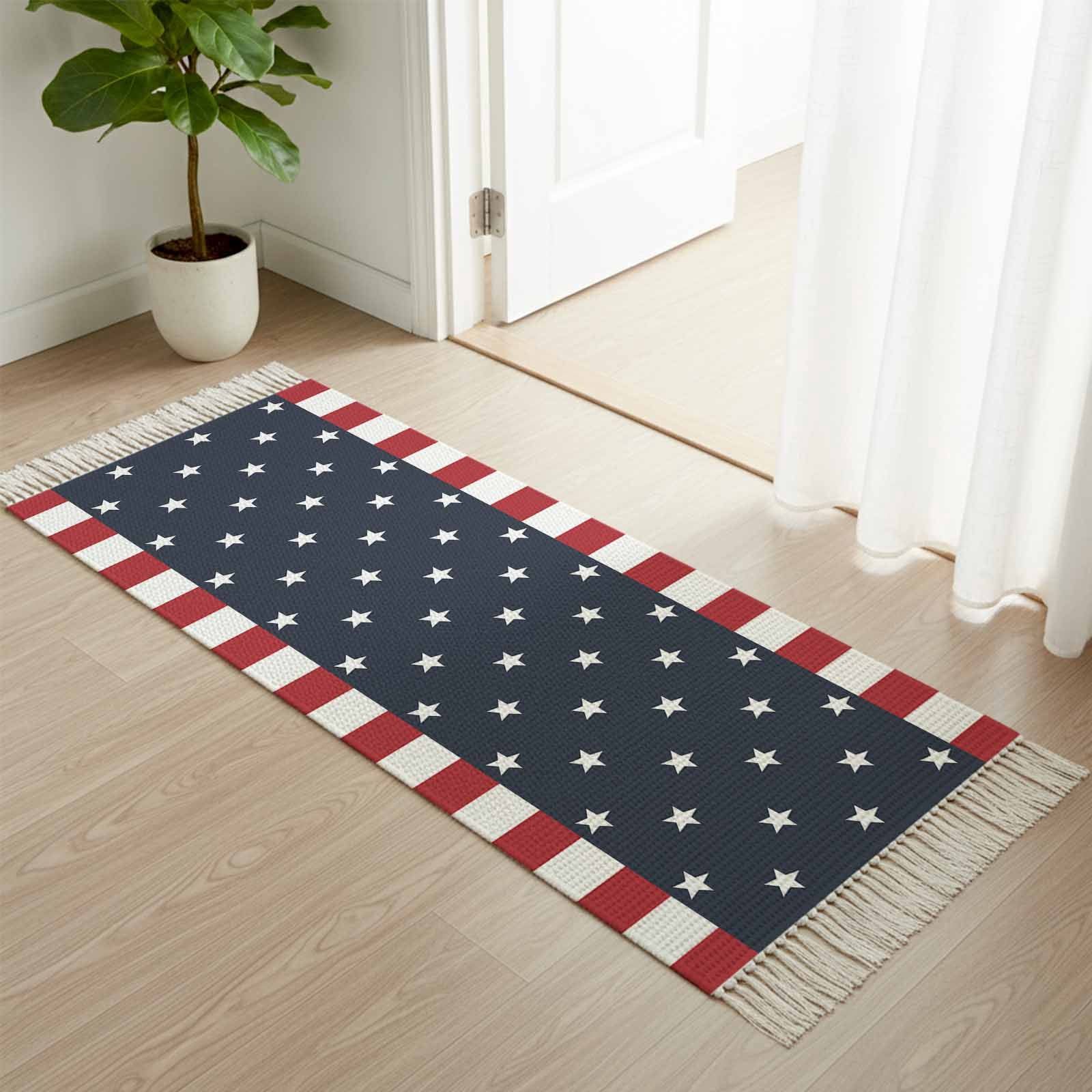 Area Rug with Tassels 2' x 6', Independence Day Patriotic Stars on Blue ...