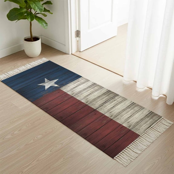 Area Rug with Tassels 2' x 6', Independence Day USA State Flag Star Kitchen Runner Rug for Hallway Bedroom Throw Rugs, Retro Farm Wood Grain Soft Door Mat for Bathroom Entrance Living Room
