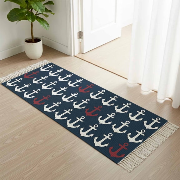 Area Rug with Tassels 2' x 6', Ocean Nautical White and Red Ship's Anchor Kitchen Runner Rug for Hallway Bedroom Throw Rugs, Dark Blue Soft Door Mat for Bathroom Entrance Living Room
