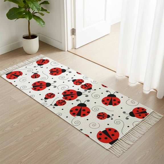 Area Rug with Tassels 2' x 6', Red Ladybug Seamless Kitchen Runner Rug for Hallway Bedroom Throw Rugs, Funny Cartoon Animal Soft Door Mat for Bathroom Entrance Living Room