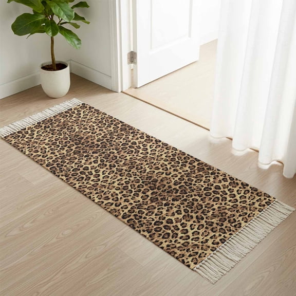 Area Rug with Tassels 2' x 6', Retro Leopard Stripes Kitchen Runner Rug for Hallway Bedroom Throw Rugs, Brown Black Colored Blocks Soft Door Mat for Bathroom Entrance Living Room