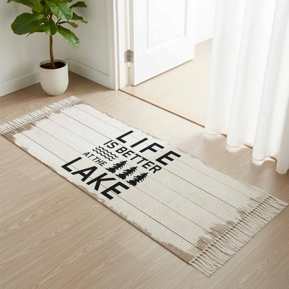 Area Rug with Tassels 2' x 6', Summer Quotes Lake and Forest Kitchen Runner Rug for Hallway Bedroom Throw Rugs, Farm Wooden Frain Soft Door Mat for Bathroom Entrance Living Room