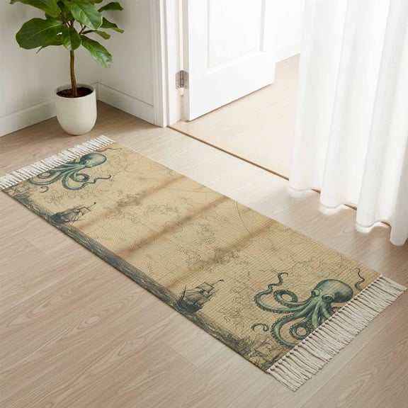 Area Rug with Tassels 2' x 6', Vintage World Map Ocean Octopus Kitchen Runner Rug for Hallway Bedroom Throw Rugs, Nautical Sailing Boat Brown Soft Door Mat for Bathroom Entrance Living Room