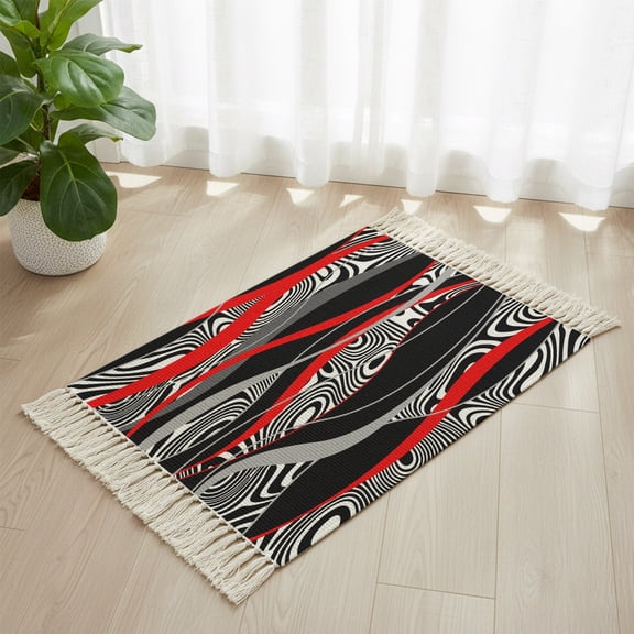 Area Rug with Tassels 2x3ft, Abstract Red Black Stripe Kitchen Runner Rug for Hallway Bedroom Throw Rugs, Zebra Animal Print Texture Soft Door Mat for Bathroom Entrance Living Room