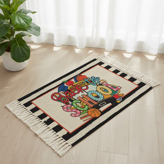Area Rug with Tassels 2x3ft, Back To School Bus Book Brush Kitchen Runner Rug for Hallway Bedroom Throw Rugs, Basketball Black Stripe Flax Soft Door Mat for Bathroom Entrance Living Room