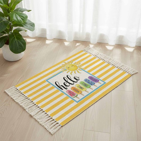 Area Rug with Tassels 2x3ft, Hello Summer Sun Watermelon Purple Blue Kitchen Runner Rug for Hallway Bedroom Throw Rugs, Yellow Stripes Soft Door Mat for Bathroom Entrance Living Room