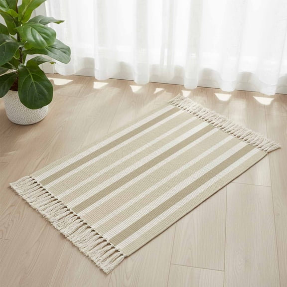 Area Rug with Tassels 2x3ft, Minimalist Stripes Kitchen Runner Rug for Hallway Bedroom Throw Rugs, Khaki Beige White Striped Soft Door Mat for Bathroom Entrance Living Room