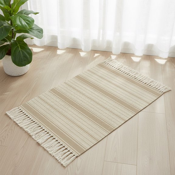 Area Rug with Tassels 2x3ft, Modern Rustic Beige Stripes Kitchen Runner Rug for Hallway Bedroom Throw Rugs, Farm Minimalist Line Art Soft Door Mat for Bathroom Entrance Living Room