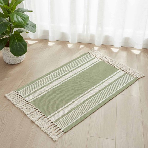 Area Rug with Tassels 2x3ft, Sage Green Stripe Block Kitchen Runner Rug for Hallway Bedroom Throw Rugs, Modern Minimalist Style Soft Door Mat for Bathroom Entrance Living Room