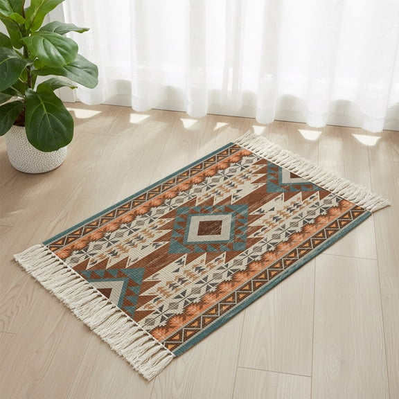 Area Rug with Tassels 2x3ft, Southwestern Ethnic Geometric Art Kitchen Runner Rug for Hallway Bedroom Throw Rugs, Rustic Tribal Native Arrows Soft Door Mat for Bathroom Entrance Living Room