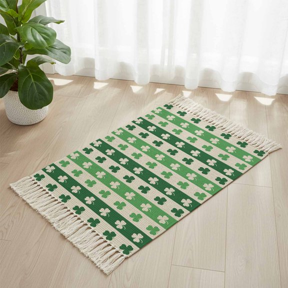 Area Rug with Tassels 2x3ft, St. Patrick Shamrock Seamless Kitchen Runner Rug for Hallway Bedroom Throw Rugs, Green Beige Stripe Linen Texture Soft Door Mat for Bathroom Entrance Living Room