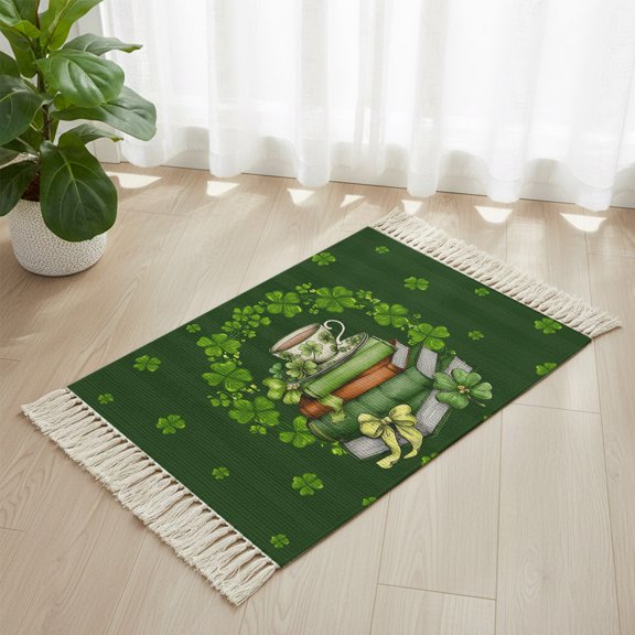 Area Rug with Tassels 2x3ft, St. Patrick's Day Luck Leaf on Green Kitchen Runner Rug for Hallway Bedroom Throw Rugs, Book Coffee Cup Soft Door Mat for Bathroom Entrance Living Room