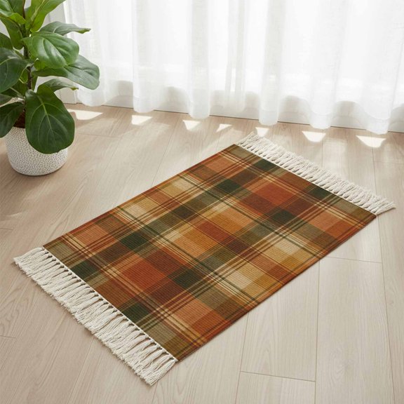 Area Rug with Tassels 2x3ft, Vintage Fall Brown Lattice Plaid Kitchen Runner Rug for Hallway Bedroom Throw Rugs, Autumn Buffalo Check Linen Soft Door Mat for Bathroom Entrance Living Room