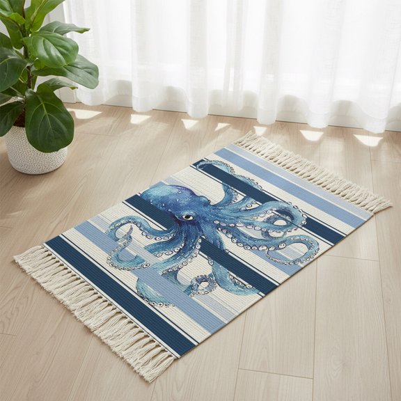Area Rug with Tassels 2x3ft, Watercolor Marine Octopus Monster Kitchen Runner Rug for Hallway Bedroom Throw Rugs, Blue Ombre Vertical Stripe Soft Door Mat for Bathroom Entrance Living Room