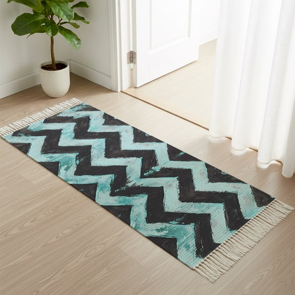 Area Rug with Tassels 2x6ft, Abstract Teal Zigzag Striped Kitchen Runner Rug for Hallway Bedroom Throw Rugs, Bohemian Painted Waves Soft Door Mat for Bathroom Entrance Living Room